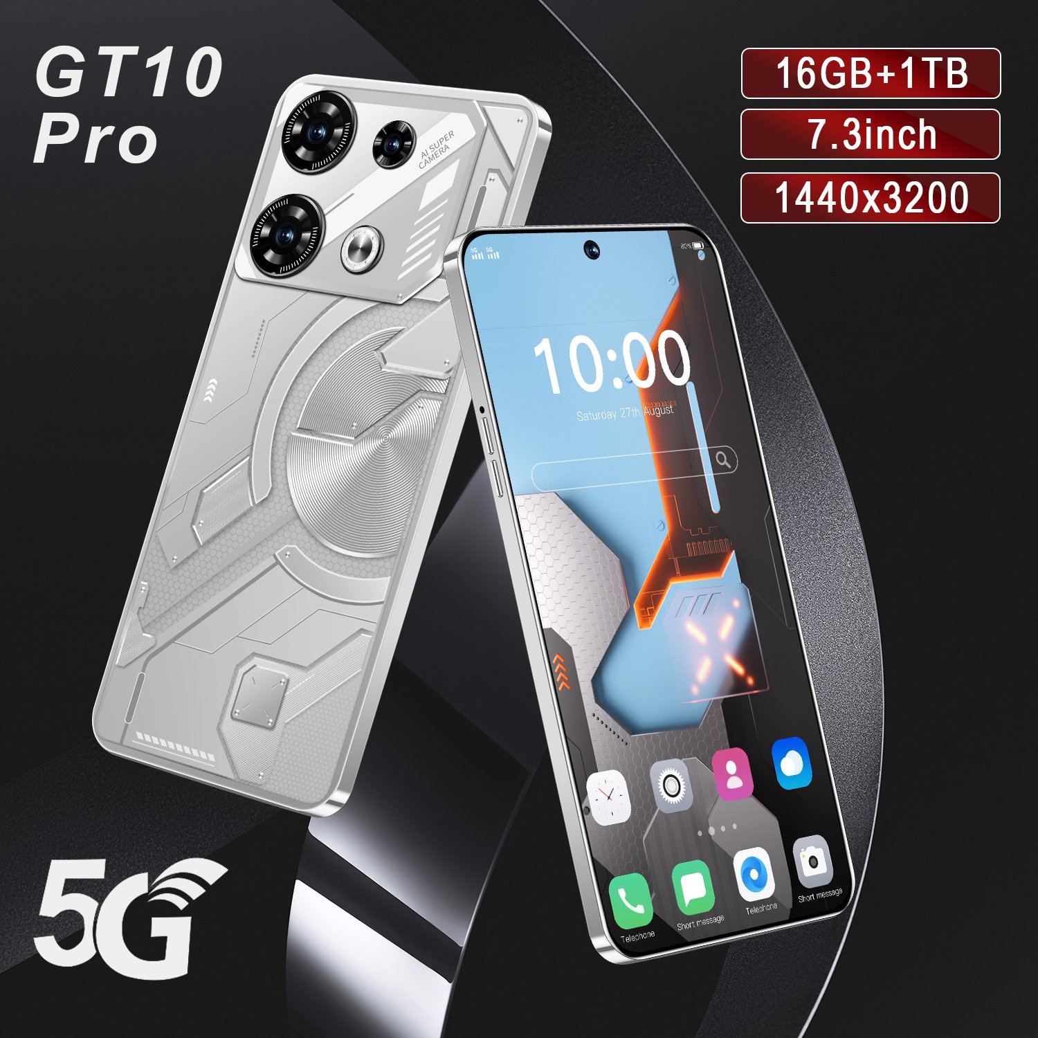 Brand new Cellphone GT10 pro 7.3 inch Hd full screen 16GB+1TB Mobilephone Android14 Face Unlock 3G 4G smartphone